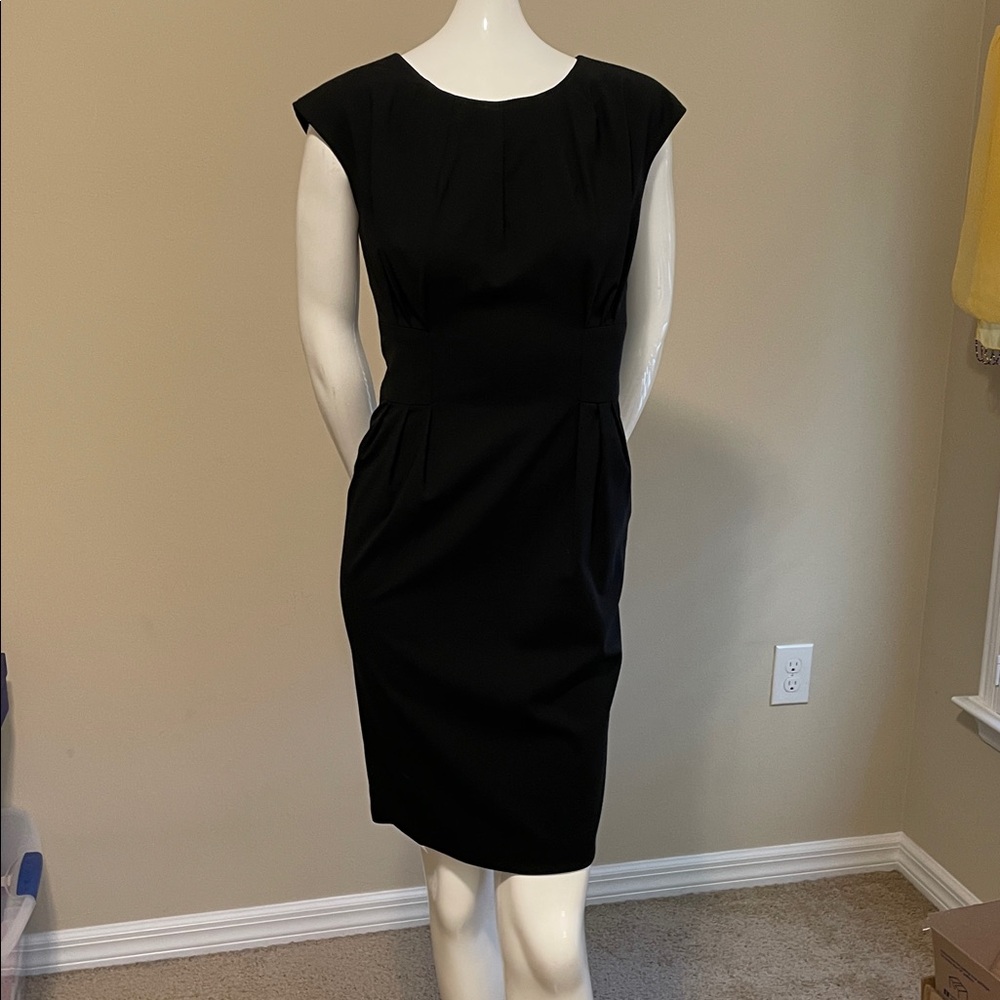 ADAM LIPPES Black Virgin Wool Pleated Fitted Wide Waistband Sheath Dress 6 US EC